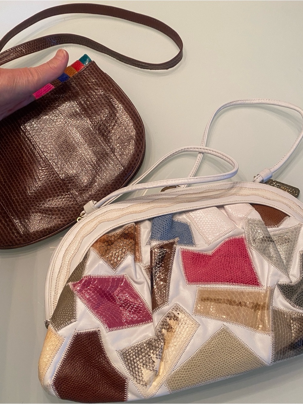 Bundle of 2 Vintage 80s Patchwork & Snakeskin Leather Handbags - Caprice - Picture 2 of 9
